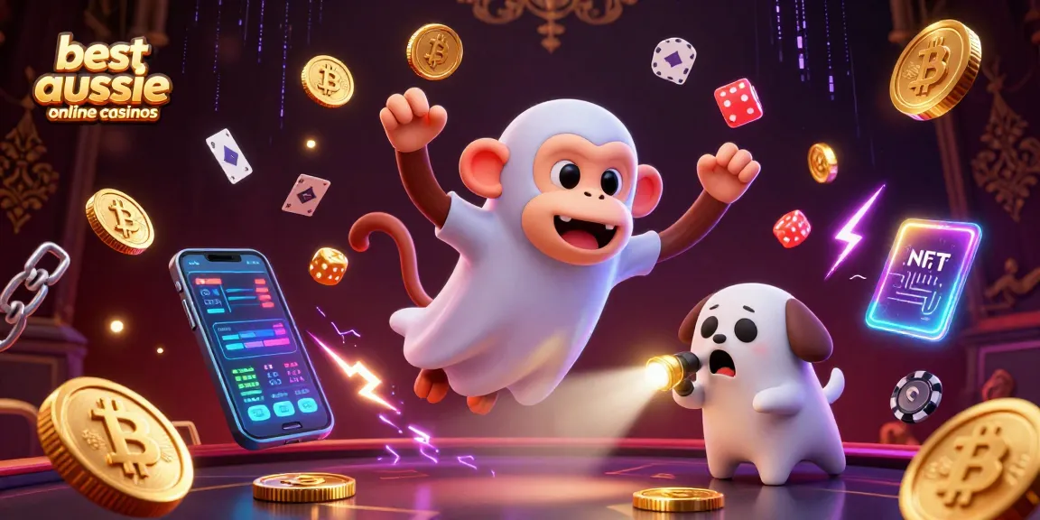 Engage with the best aussie online casinos featuring a mischievous ghost monkey and a curious puppy in a haunted casino scene.