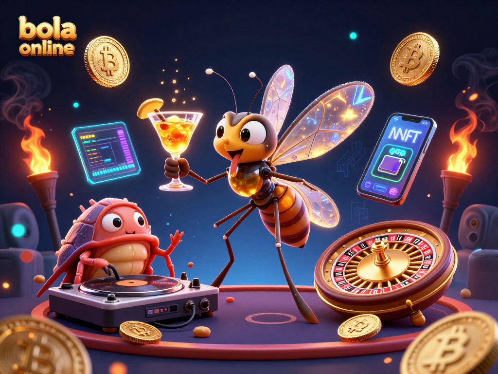 Play bola online at dynamic tables with a mosquito mascot and a trilobite DJ amidst vibrant crypto elements.