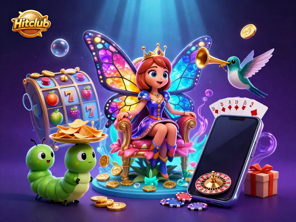 Hitclub brings excitement with a 3D cartoon butterfly queen and vibrant gaming elements.