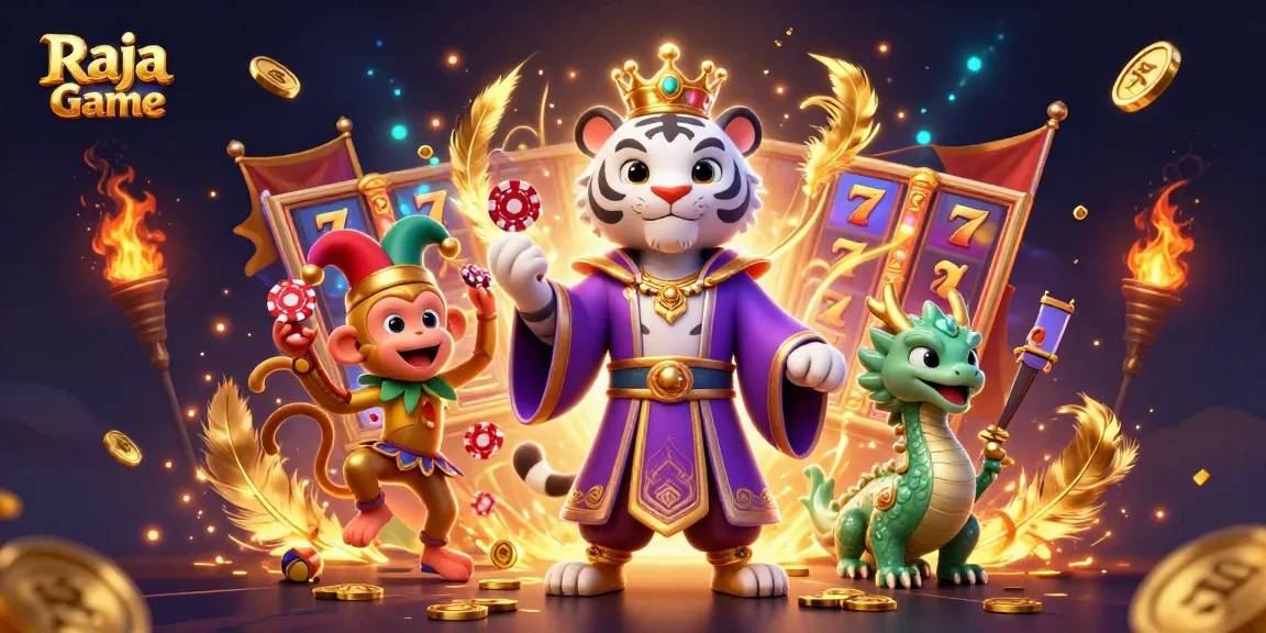 Engage with the vibrant scene of Raja Game featuring a royal tiger, playful monkey, and dynamic slot game elements.