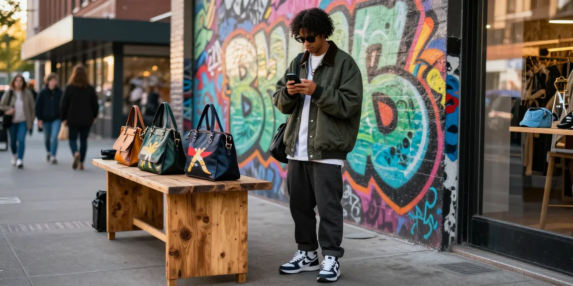 Fashionable individual exploring trendy 레플리카 streetwear options against a colorful urban backdrop.