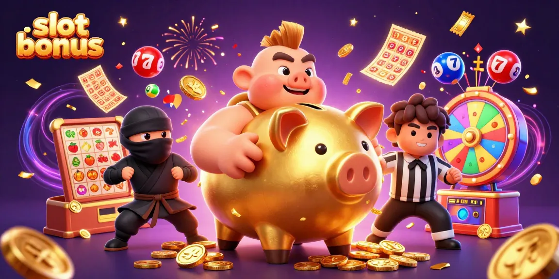 Experience the excitement of a slot bonus with a lively 3D illustration of characters in an energetic casino scene.
