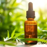 Showcase CBD oil bottle enhanced by natural leaves in a serene wellness setting.