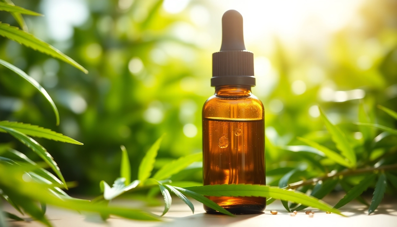 Showcase CBD oil bottle enhanced by natural leaves in a serene wellness setting.