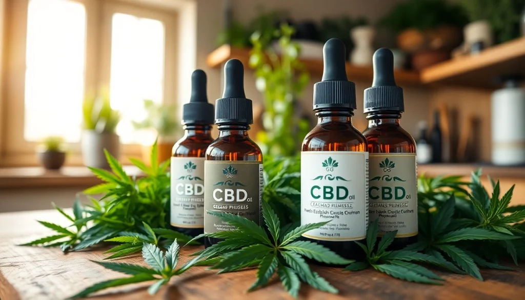 Showcasing CBD Oil bottles on a rustic table with fresh hemp leaves in bright natural light.