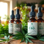Showcasing CBD Oil bottles on a rustic table with fresh hemp leaves in bright natural light.