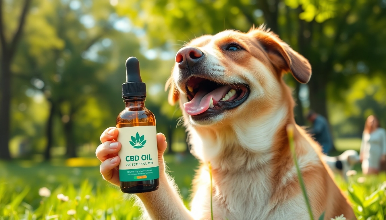 Happy dog enjoying CBD For Pet oil in a sunny park setting.