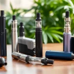 Cannabis Vape devices showcased with vibrant colors on a wooden table, inviting exploration.
