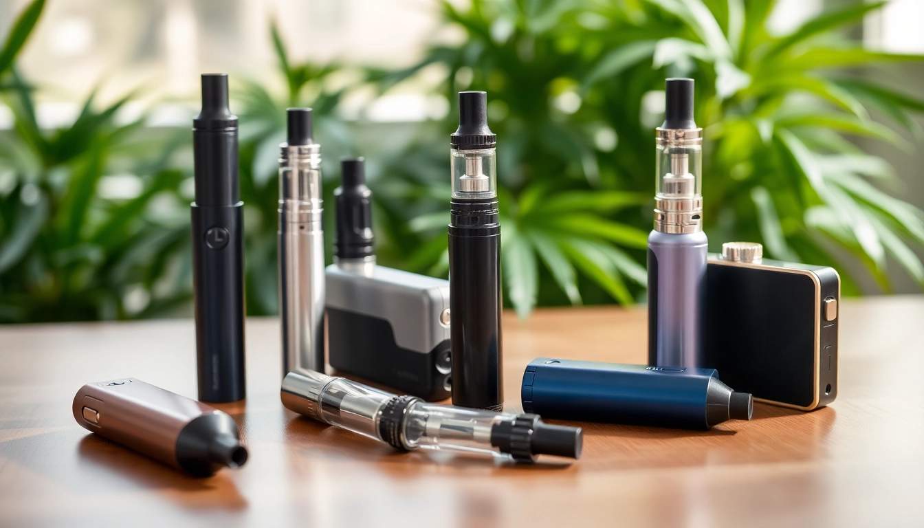 Cannabis Vape devices showcased with vibrant colors on a wooden table, inviting exploration.