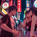 Anime sex scene featuring colorful characters in playful interactions against a vibrant urban backdrop.