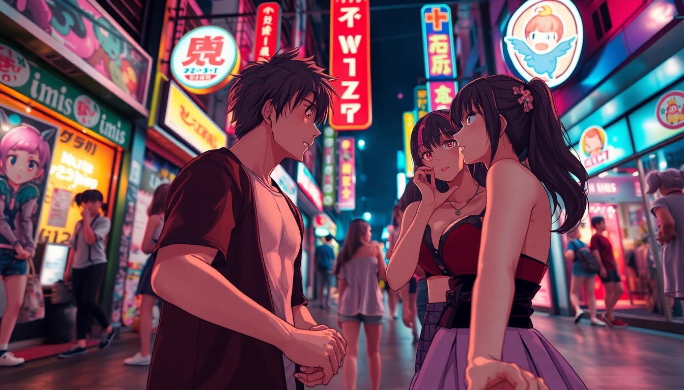 Anime sex scene featuring colorful characters in playful interactions against a vibrant urban backdrop.