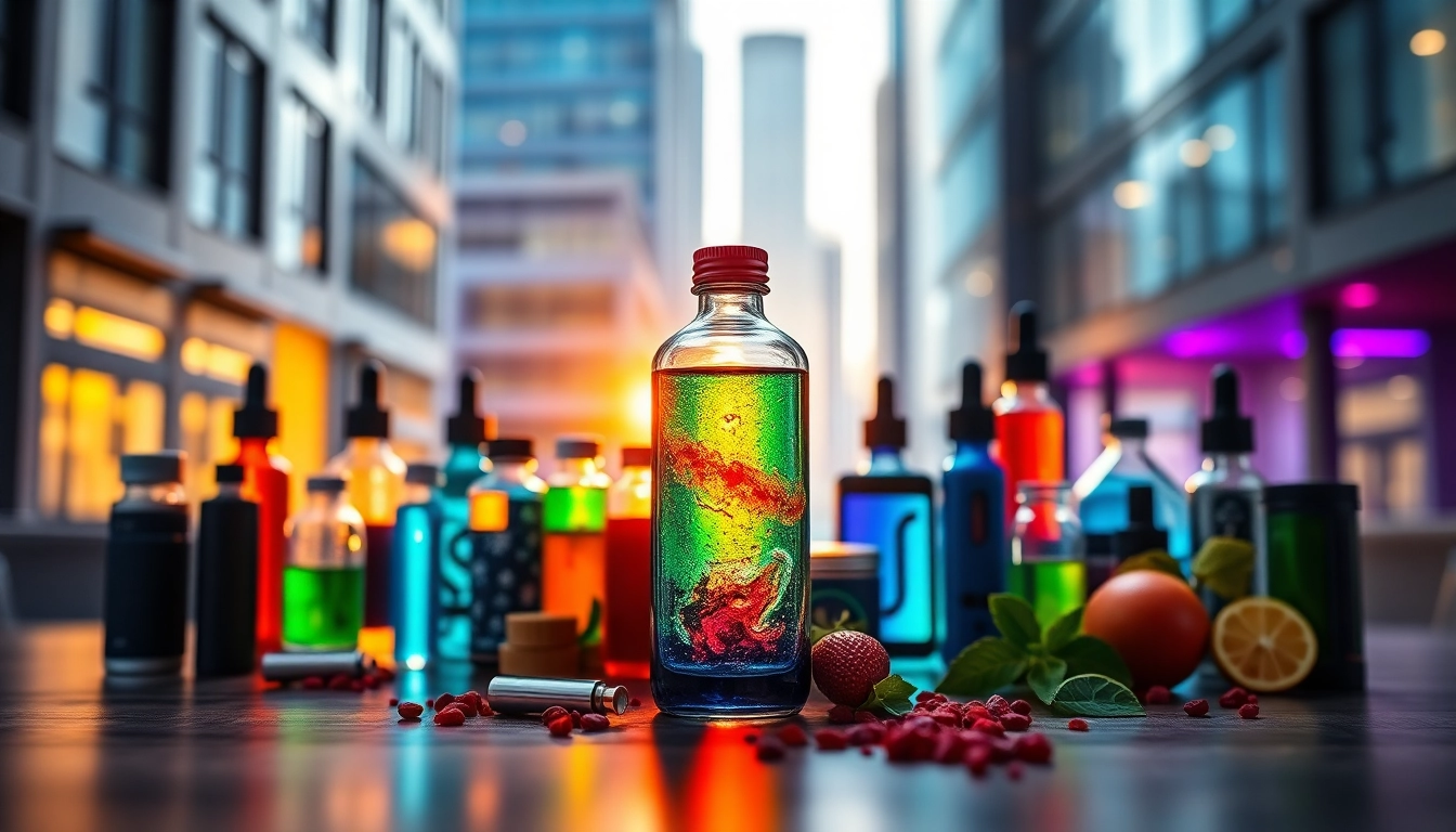 Exciting display of vape & e-liquids with vibrant flavors showcased artistically.