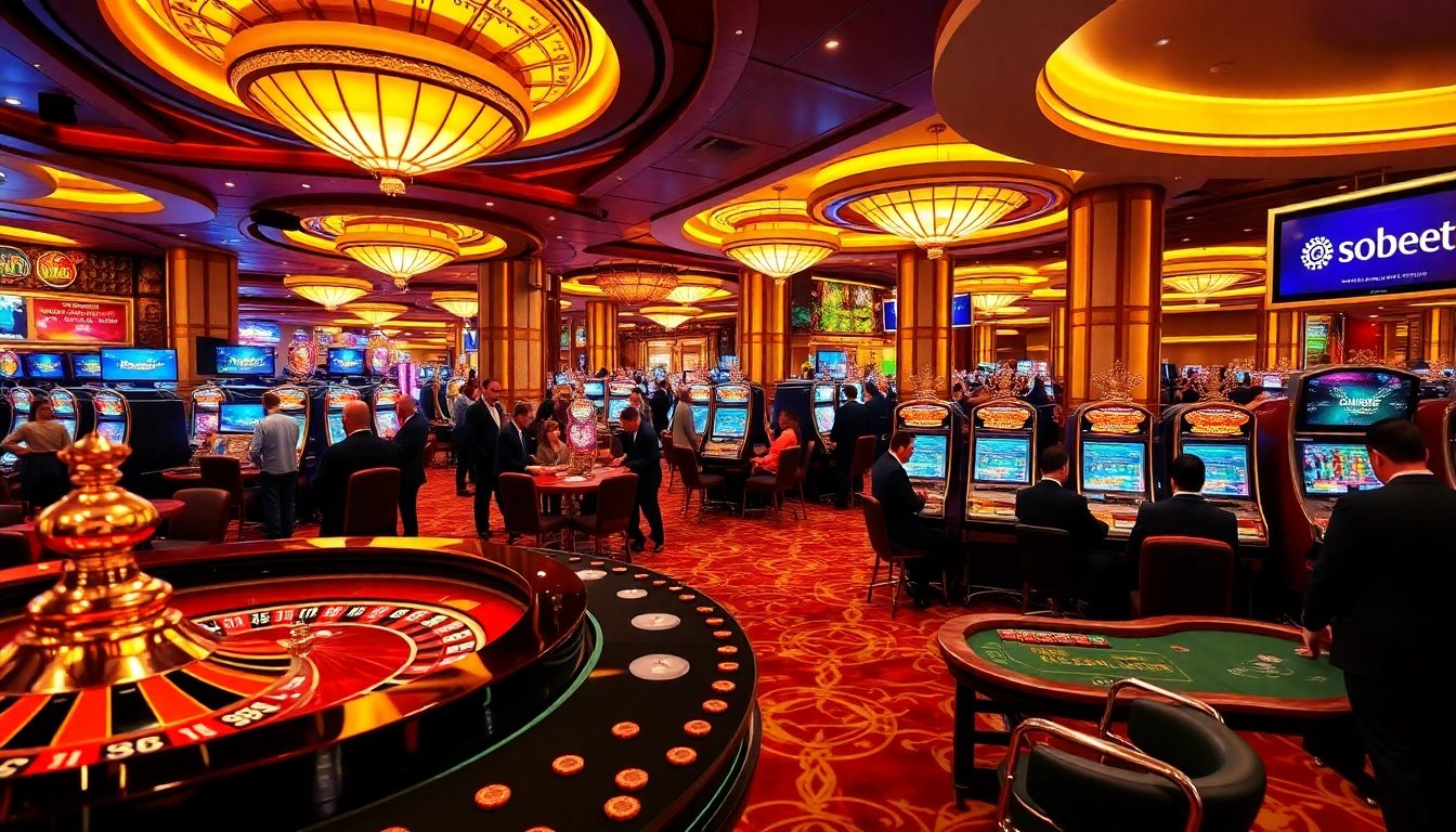 Players engaging in thrilling sbobet betting at a luxurious casino with vibrant tables and slot machines.