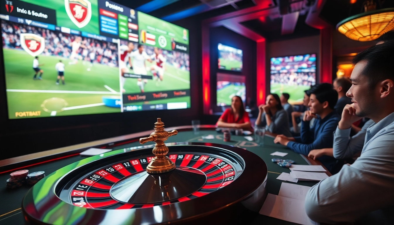 Experience the thrill of แทงบอลโลก at a bustling casino sports betting scene featuring live football matches.