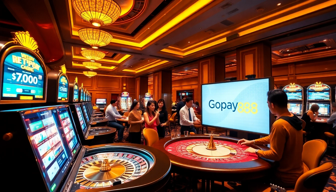 Players enjoying a thrilling Gopay88 casino experience with vibrant slot machines and gaming tables.