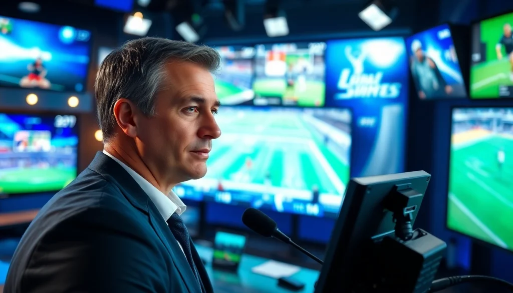 Sports Broadcasting anchor delivering commentary in a vibrant studio setting with multiple screens.