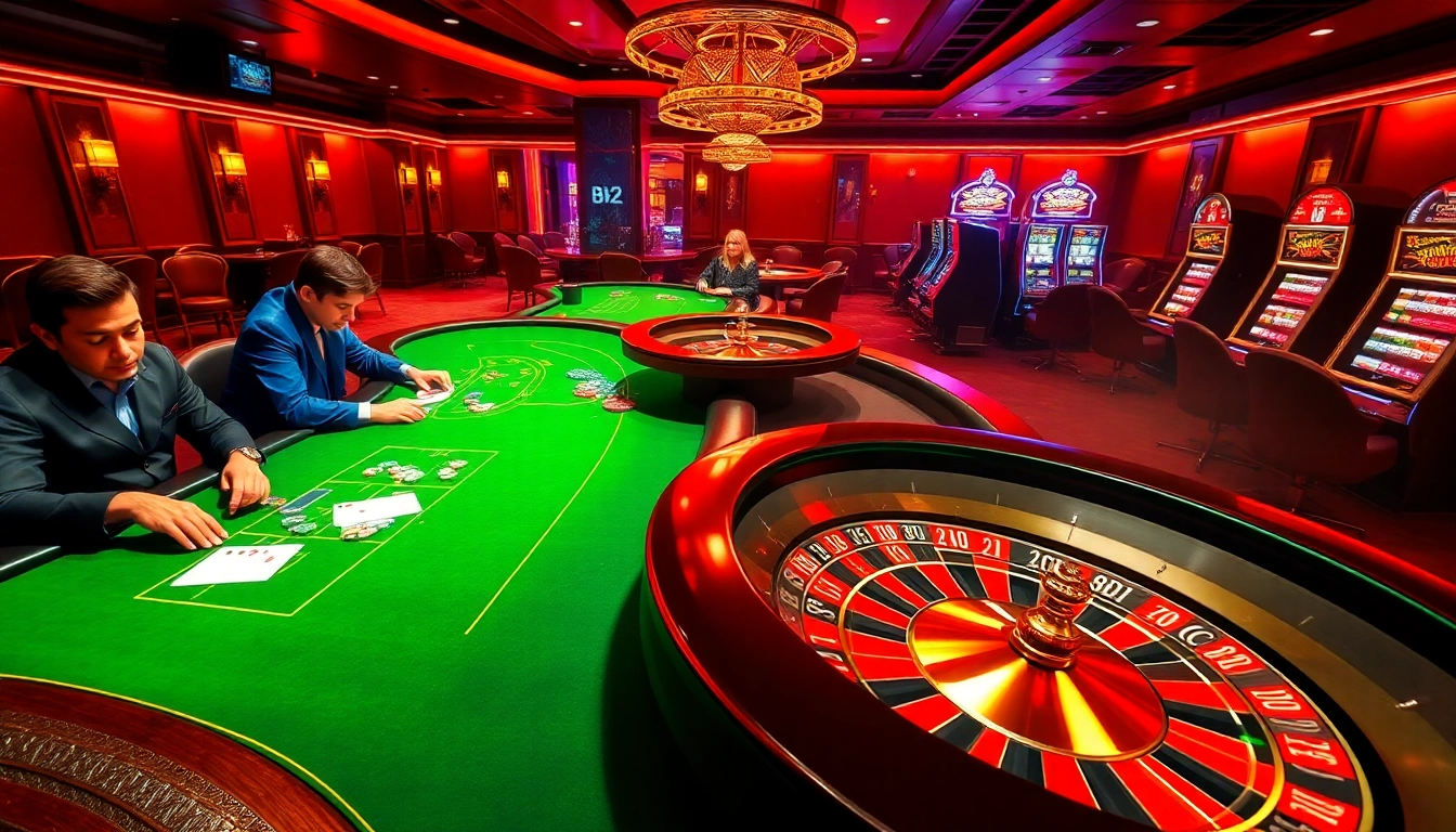 B52 Club showcases an exciting casino scene with poker tables, roulette wheels, and illuminating slot machines.