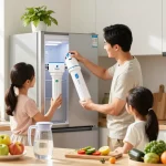 Family replacing the Waterdrop ADQ73613401 Refrigerator Water Filter in a bright kitchen, emphasizing health and freshness.