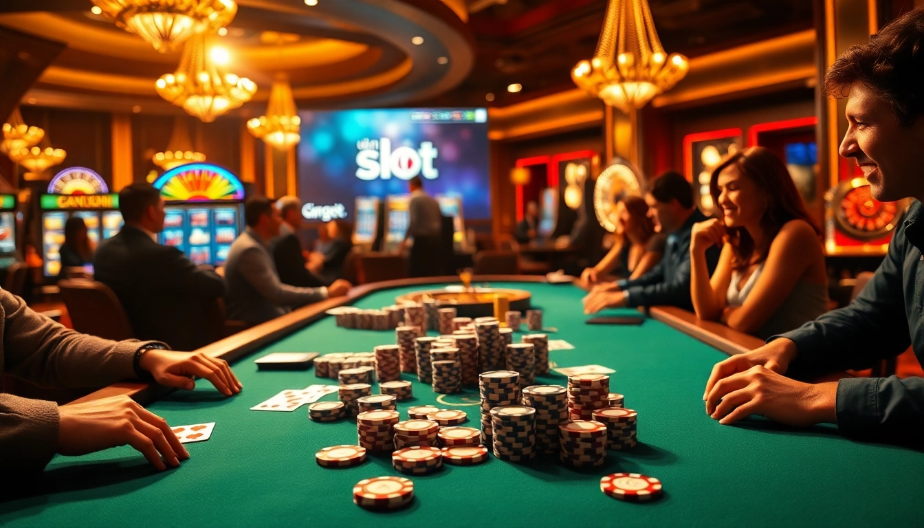 Gambling enthusiasts enjoying the thrill of idn slot at a vibrant casino table, surrounded by excitement.