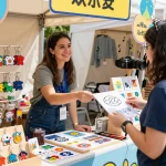 Engaging shopping experience with customized key chains displayed at a vibrant market stall, showcasing colorful designs.