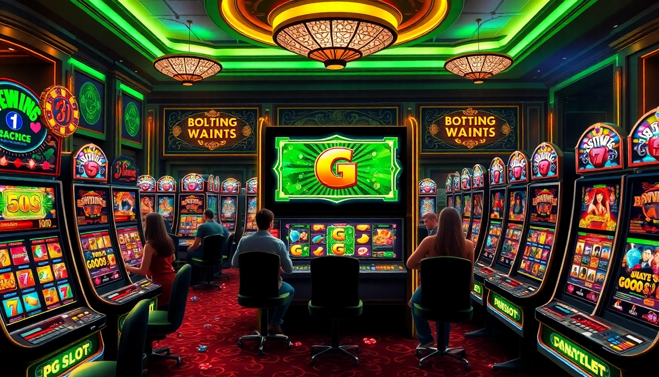 Engaged players enjoying the pg slot demo in a vibrant casino setting with slot machines.