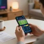 Engaged user placing sports bets on mobile app while enjoying a cozy home atmosphere, featuring Trang Chá»§ RR88
