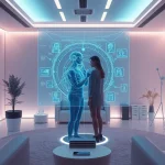 Engaging NSFW AI interaction in a futuristic digital workspace showcasing advanced technology.