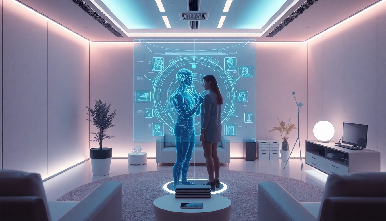 Engaging NSFW AI interaction in a futuristic digital workspace showcasing advanced technology.