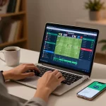Engaging in online sports betting with vikubet app on laptop at home, showcasing strategic gameplay.