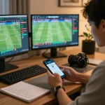 Engaged bettor placing bets on keonhacai platform while analyzing football odds.