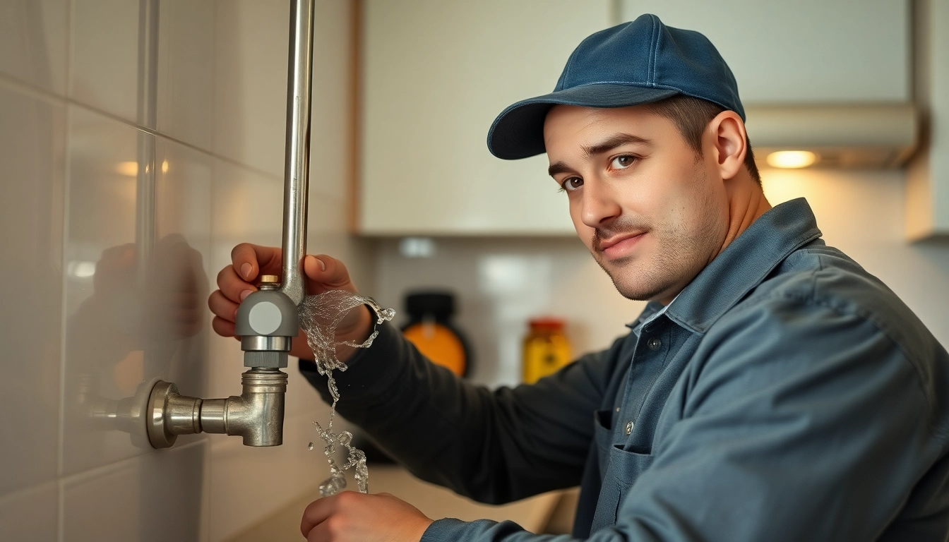 Emergency plumbers on holidays or weekends fixing a burst pipe in a New York City kitchen.