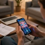 Player enjoying xx88 mobile casino app with vibrant slot display and strategy notes at home