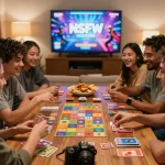 Playful moment of friends enjoying nsfw games during a lively game night at home.