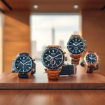 Showcase of premium super clone watches on a stylish wooden desk.