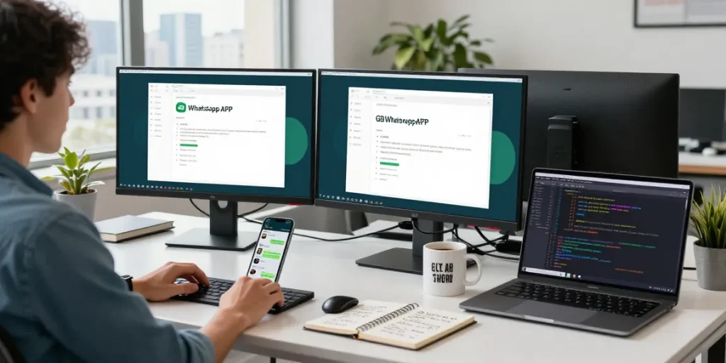 Developer using the GB WhatsApp APK on multiple screens in a bright, modern workspace