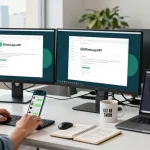 Developer using the GB WhatsApp APK on multiple screens in a bright, modern workspace