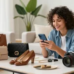 Browsing a stylish 레플리카 쇼핑몰 on a smartphone surrounded by trendy fashion items in a bright living room.