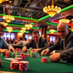 Permainan kasino bbni4d di meja poker yang ramai dengan pemain dan chip berwarna-warni.