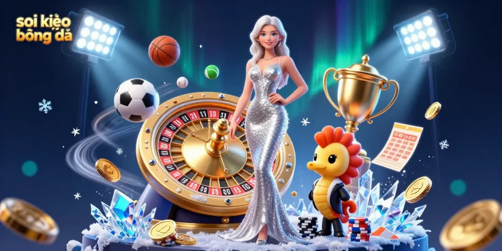Engage in sports betting with visually captivating soi kèo bóng đá scene featuring a mermaid and vibrant sports elements.