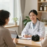 Consultation at 영통한의원, where friendly healthcare professional engages with a patient in a bright, welcoming clinic environment.