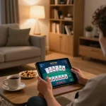Player enjoying BJ88 online blackjack on tablet in a cozy home setting.