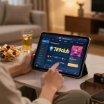 Engaging in online gameplay at 789club with tablet, cozy home atmosphere, responsible gaming in focus.
