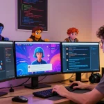 Engaging with Tavern AI character on sleek desktop setup showcasing interactive chat features.
