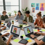 Artists collaborating in a vibrant studio using the nano banana AI image editor to generate creative visuals.