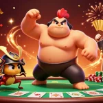 Experience thrilling games at 33win com while a powerful sumo rooster faces a fierce cricket in a vibrant casino.