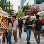 Community outdoor shopping experience at https://forumup.org/shop/search.php?ca_id=&addr1=&addr2=&addr3=&schKeyword= with diverse friends enjoying a vibrant market atmosphere.