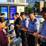 Modern urban security scene with people verifying access at https://shs-dome5.com/ checkpoint.