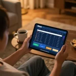 Engaging in sports betting on 99win from a cozy home setup, emphasizing responsible gambling.