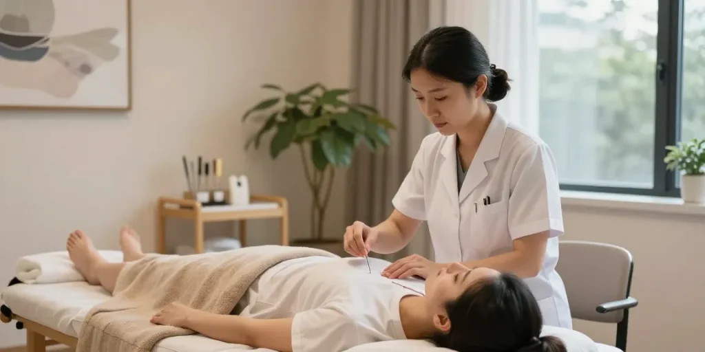 Acupuncture session at 수원교통사고한의원 with expert treatment for car accident recovery.