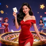 Experience excitement at online casino nederland with a beautiful character holding a golden card.